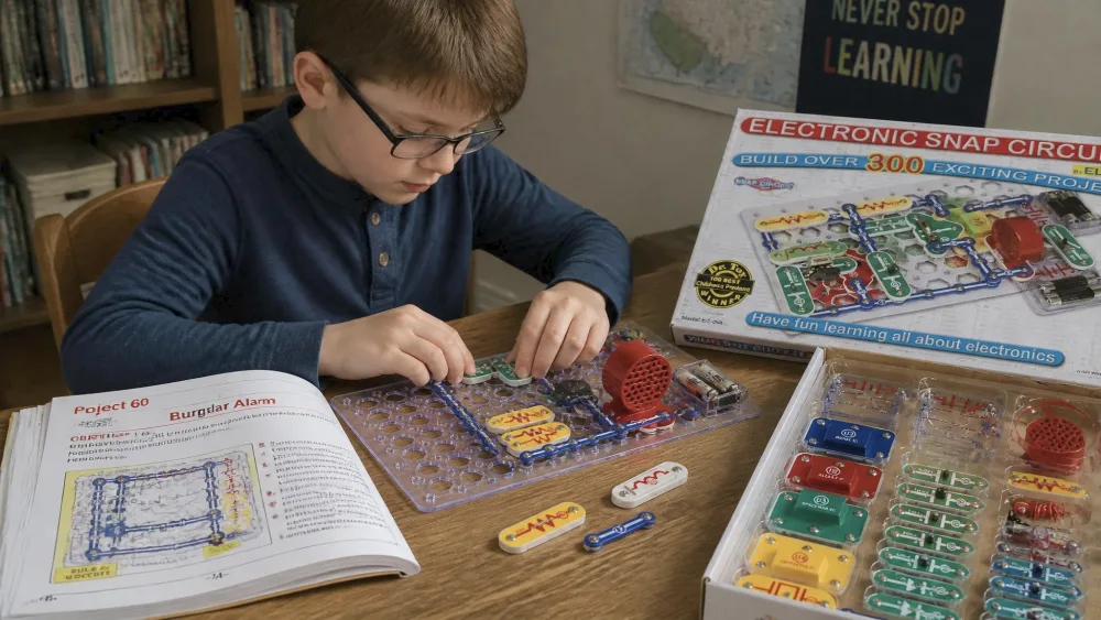 A homeschooled child working alone on a Snap Circuits SC-300 burglar-alarm project, reading the open numbered manual while snapping color-coded parts onto the grid.