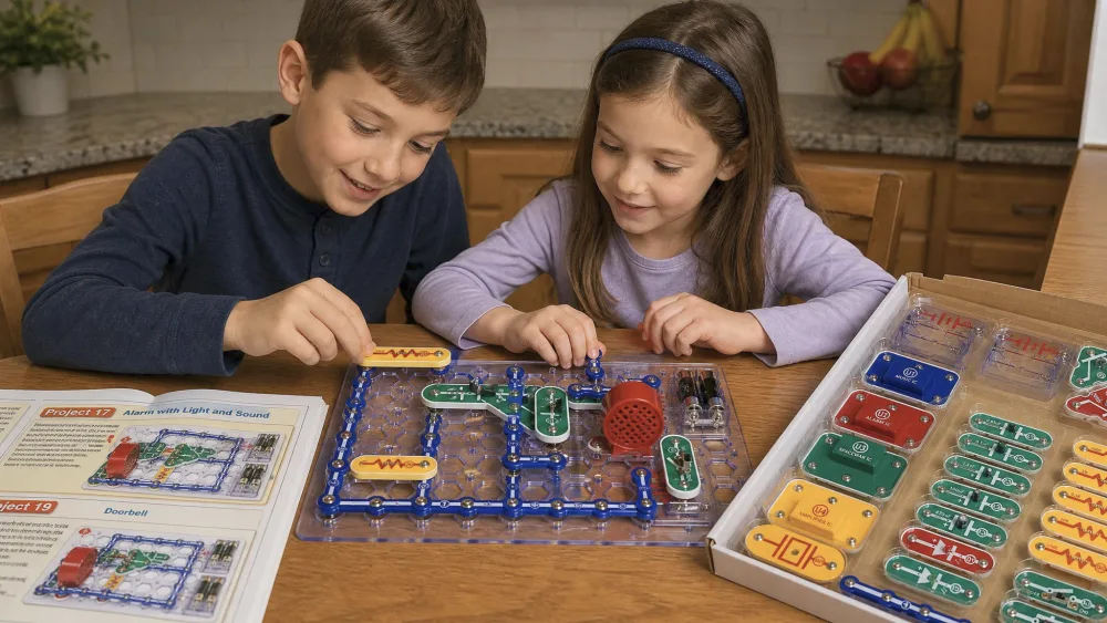 A nine-year-old and a seven-year-old at a kitchen table assembling a Snap Circuits SC-300 light-and-speaker circuit on the blue snap grid, with the open full-color manual beside them.