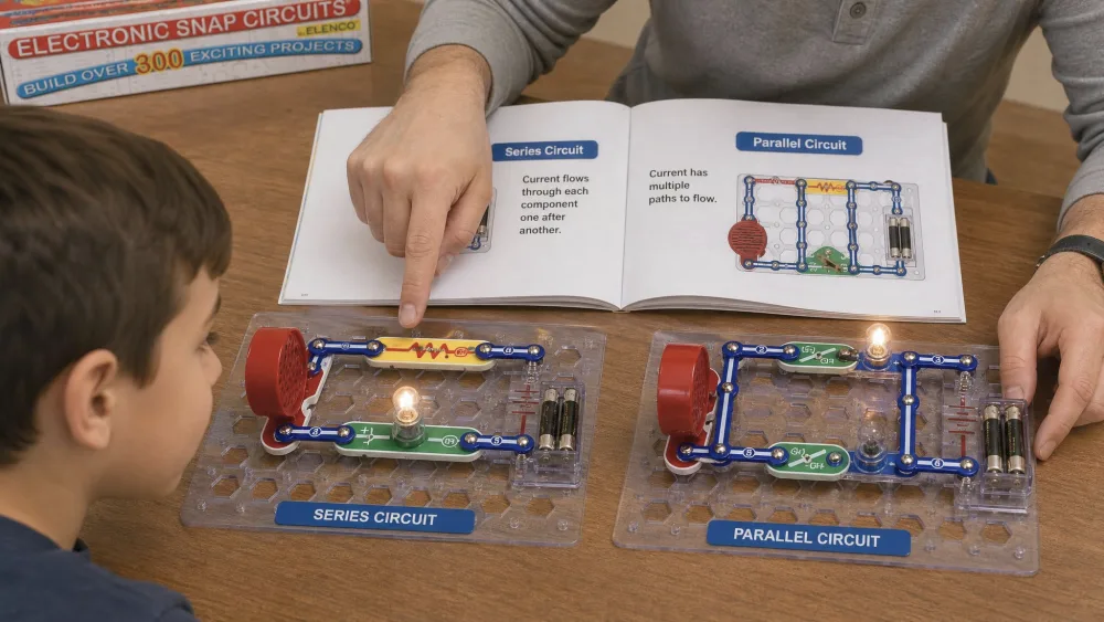 A parent pointing at two side-by-side Snap Circuits SC-300 builds to show a child the difference between a series and a parallel circuit, with one bulb lit.
