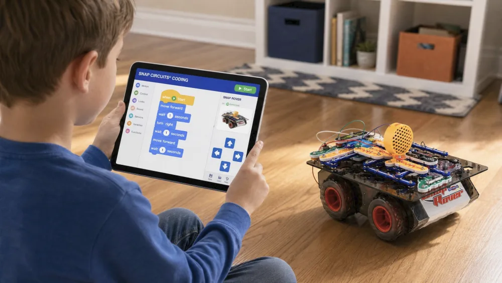 A child holding a tablet running the Snap Circuits Coding app while the built Snap Rover drives across a hardwood floor in front of them.
