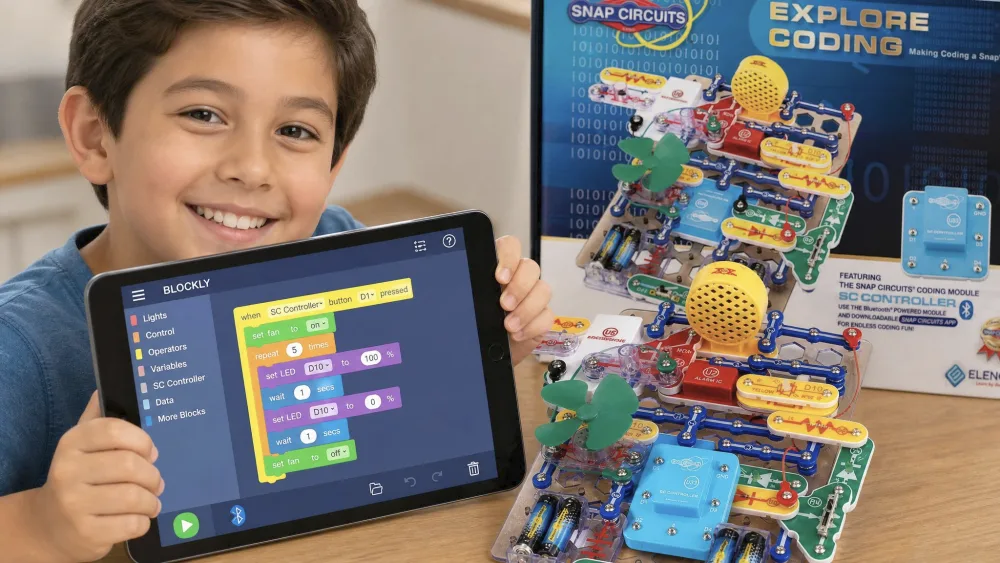 A child holding a tablet showing the Snap Circuits app BLOCKLY screen with colored code blocks, beside a finished Snap Circuits build with the SC Controller.