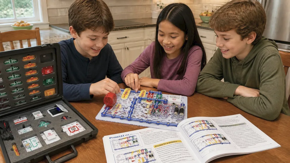 Three children around a kitchen table assembling a Snap Circuits Extreme SC-750R project on the white plastic grid base, with color-coded snap parts and the open project manual spread out beside the storage case.