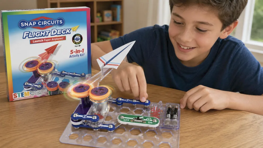 A child snapping together the Snap Circuits Flight Deck motorized paper-airplane launcher on a wooden table, with the color-coded circuit modules clicked onto the base grid and a paper airplane loaded in the launch arm.