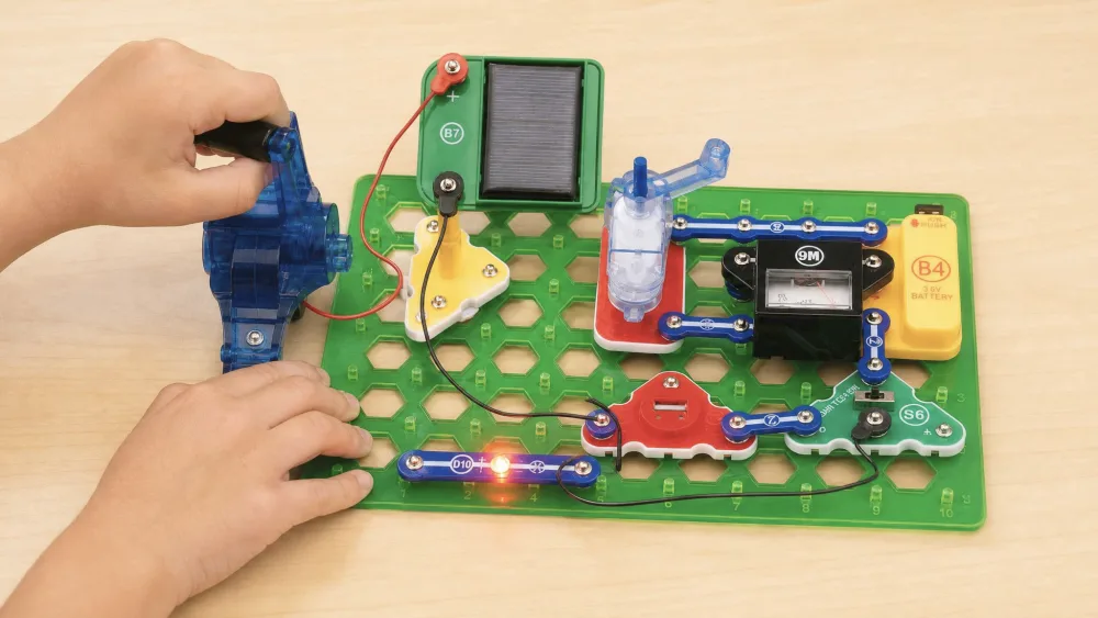A child's hands turning the hand-crank generator on a Snap Circuits Green Energy build, holding it down on the grid as a small LED lights up.