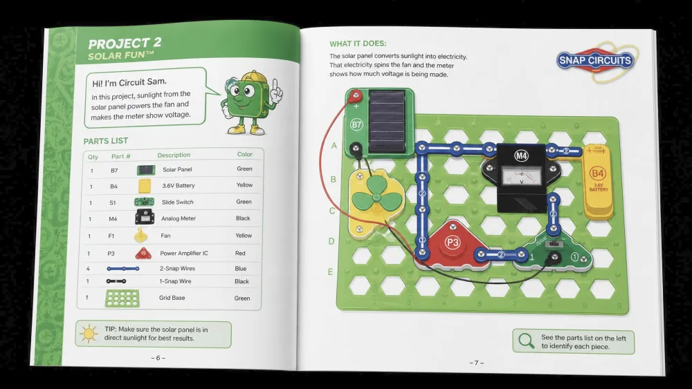 An open Snap Circuits Green Energy manual page showing the cartoon circuit character and a color diagram of where each part snaps onto the grid.