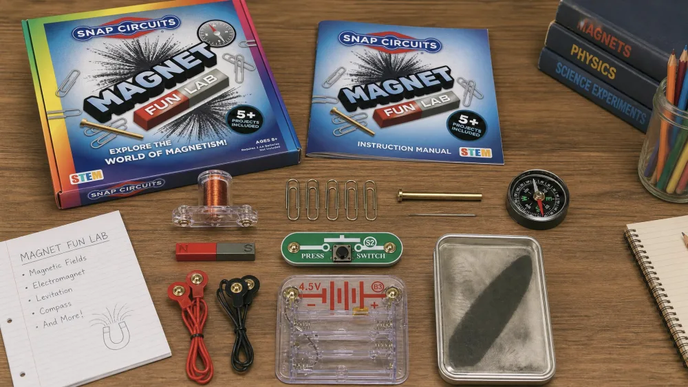 The Snap Circuits Magnet Fun Lab opened on a wooden homeschool table with the 16 pieces laid out, showing the compass, iron filings pack, two magnets, electromagnet, iron core rod, jumper wires, press switch, and paper manual.