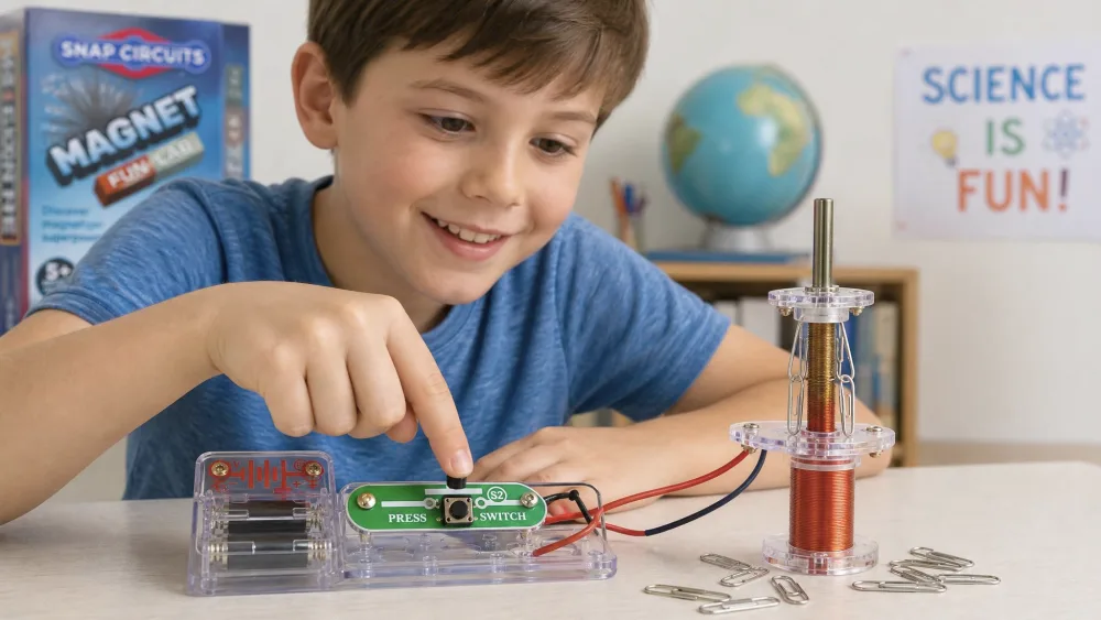 A child pressing the switch on the assembled Snap Circuits electromagnet to lift a small chain of paperclips off a table, with the iron core rod and coil clearly visible.
