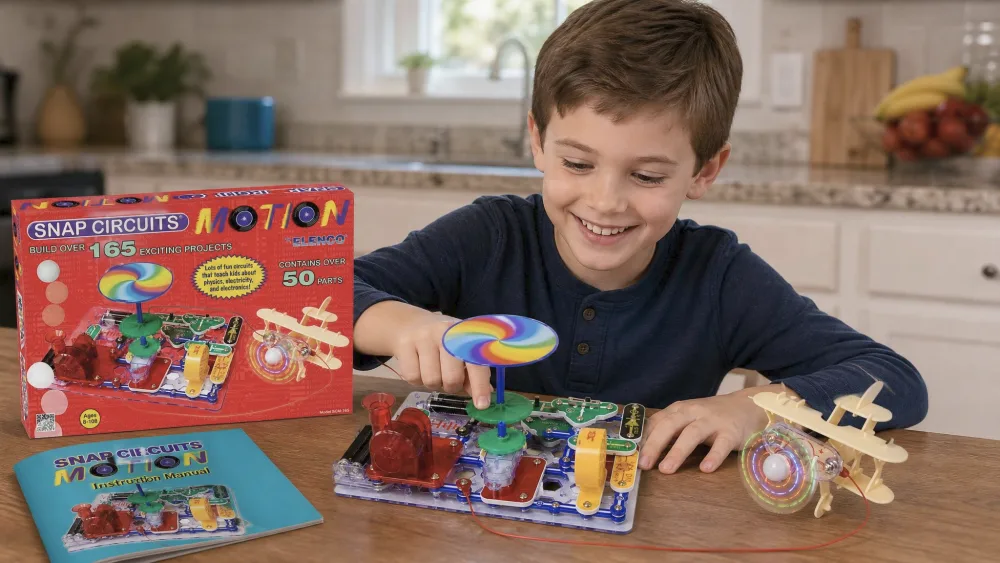 A smiling eight-year-old flipping the switch on a completed Snap Circuits Motion build at the kitchen table, the propeller starting to spin on the green base.