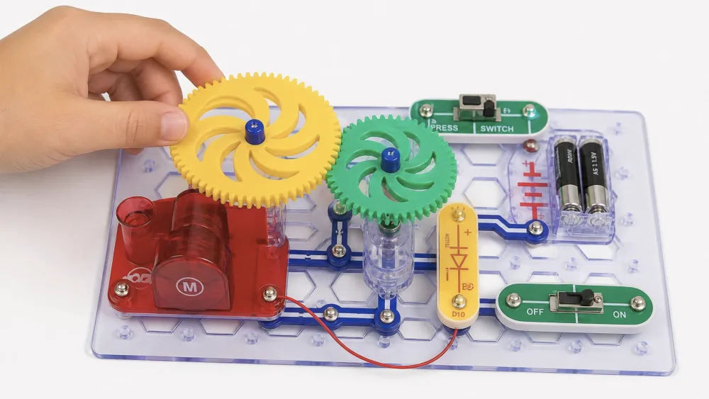 Two meshed Snap Circuits Motion gears of different sizes connected to the motor on the base, set up for a gear-ratio experiment, with a child's hand turning the larger gear.