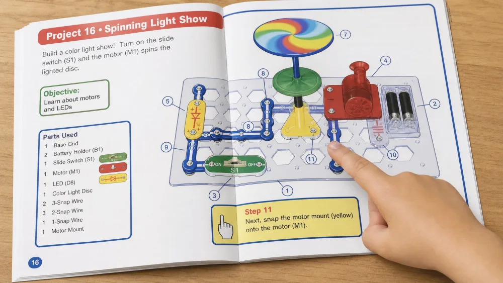 The open spiral-bound Snap Circuits Motion project manual showing a large color illustration of a numbered build, with a child's finger pointing at the next part to snap on.