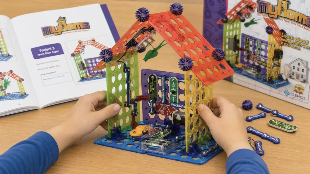 A child's hands pressing two color-coded Snap Circuits MyHome blocks onto a base grid, with a half-built house circuit and the open manual beside them.