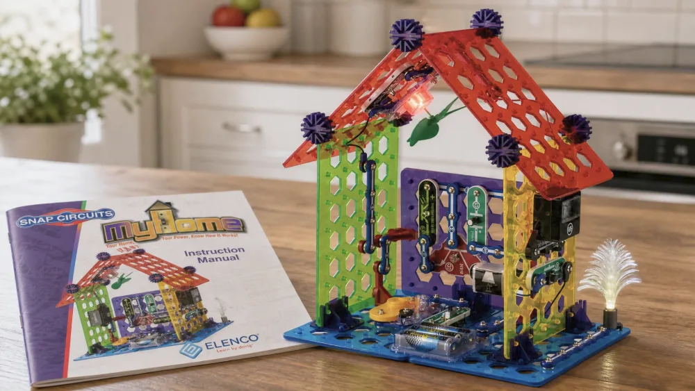 A completed Snap Circuits MyHome 3-D house build on a base grid with a lit LED, on a kitchen table beside the manual.
