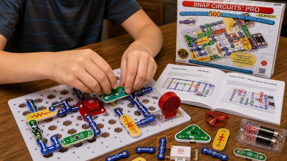 A ten-year-old's hands snapping a color-coded Snap Circuits Pro SC-500 component onto the white plastic grid base on a wooden kitchen table, with the open project manual and loose numbered parts scattered beside it.