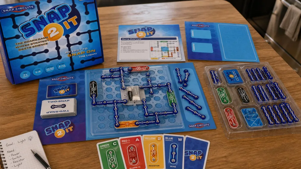 The Snap Circuits Snap 2 It board game set up mid-game on a kitchen table, with the Snap Grid, colored snap pieces, a hand of cards, and the battery pack visible.