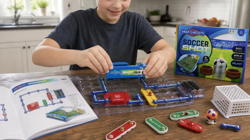 A child's hands snapping a Snap Circuits Soccer Shot circuit module onto the base grid mid-build, with parts and the open manual spread across a wooden kitchen table.