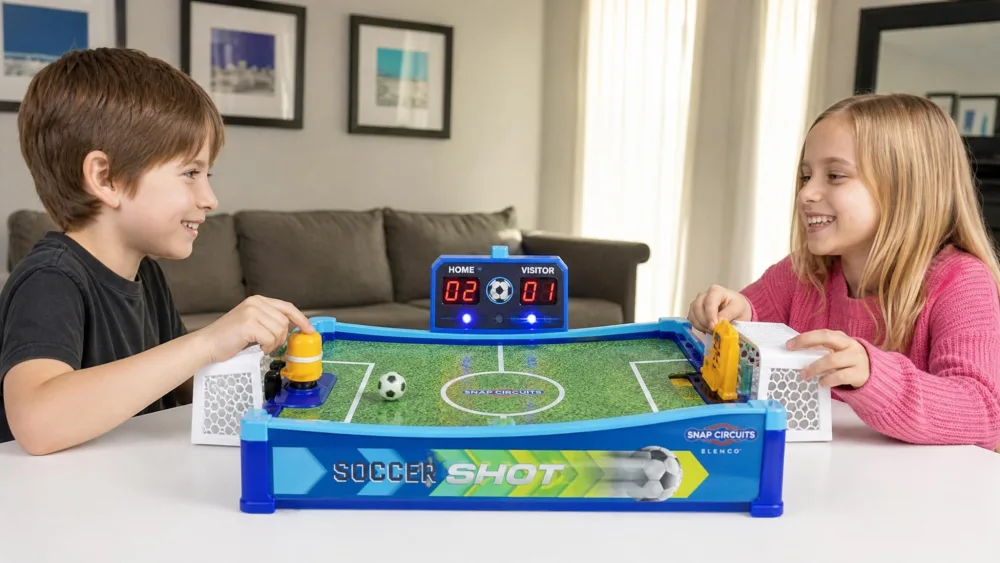 Two children playing the assembled Snap Circuits Soccer Shot head-to-head, one working the motorized kicker and the other sliding the goalie, with the lit digital scoreboard between them.