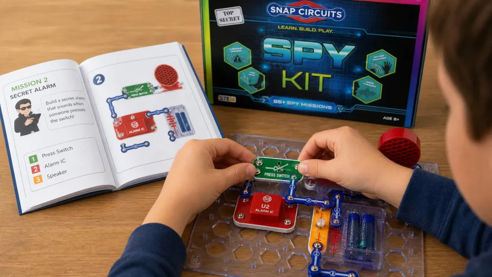 A child's hands snapping a labeled color-coded part onto the Snap Circuits Spy Kit grid while following a numbered spy mission in the open picture manual.