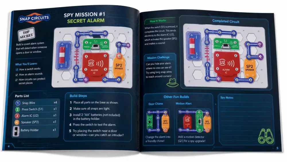 The full-color Snap Circuits Spy Kit picture manual open to an illustrated spy mission, showing numbered color-coded parts and snap positions for a young builder.