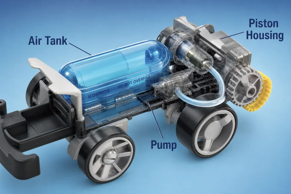 Close-up of the assembled Air-Power Turbo Racer's air engine, showing the integrated pump, compressed-air tank, and piston housing over the rear axle.