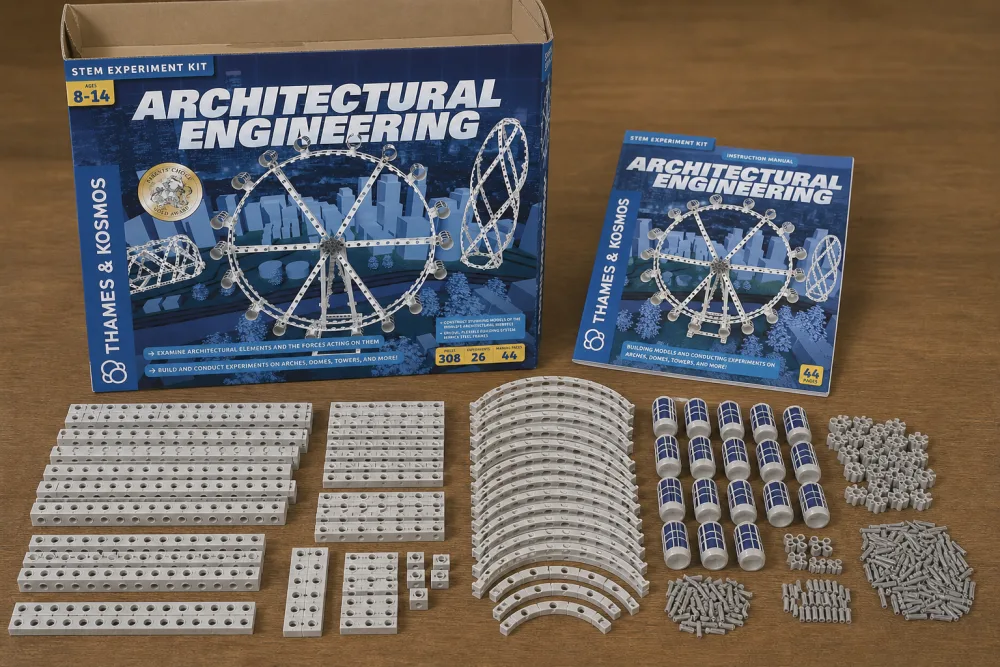 The open Thames & Kosmos Architectural Engineering kit box on a wooden table, with the 308 plastic rods, plates, and flexible steel-frame connectors sorted into piles beside the 44-page full-color manual.