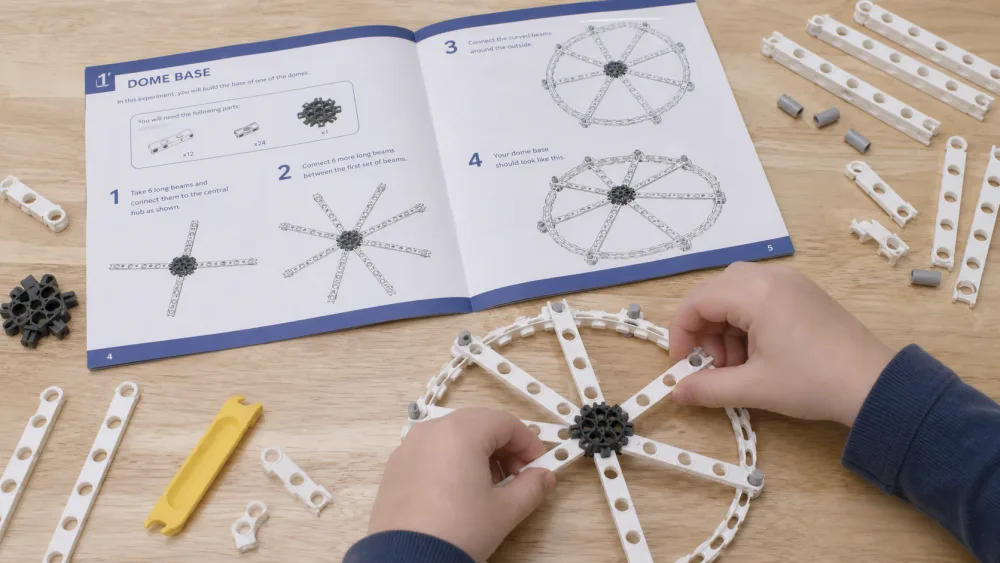 A child's hands following a numbered diagram in the open 44-page Thames & Kosmos Architectural Engineering manual while assembling a dome from white plastic rods and connectors on a kitchen table.