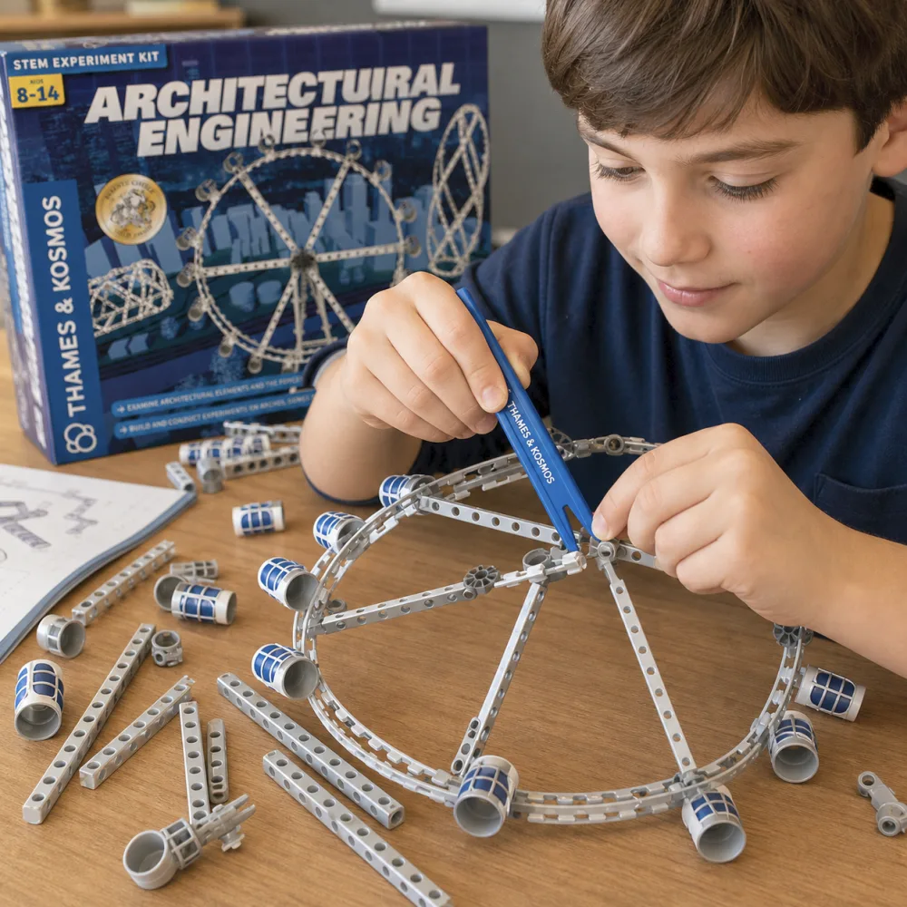 A child using the double-ended Thames & Kosmos pry tool to separate two stiff plastic connectors from a partly disassembled dome model, with loose rods scattered on the table.