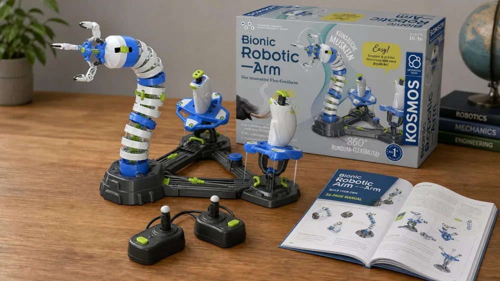 The fully assembled Thames & Kosmos Bionic Robotic Arm standing on a wooden desk with its three-pronged gripper claw extended, two black control joysticks in the foreground and the open 56-page manual beside it.