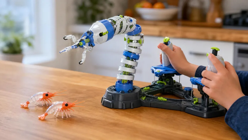 A child's hands working the dual joysticks of the Thames & Kosmos Bionic Robotic Arm fitted with the bionic eel head, reaching toward two small plastic shrimp models on a kitchen table.