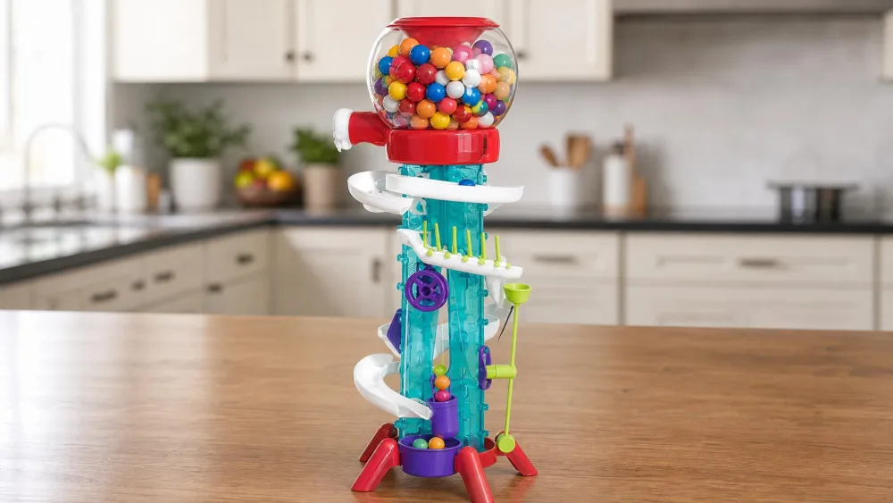 A fully assembled Thames & Kosmos Gumball Machine Maker on a kitchen table, its clear globe full of colorful 16mm gumballs and track segments routing down to a collection cup.