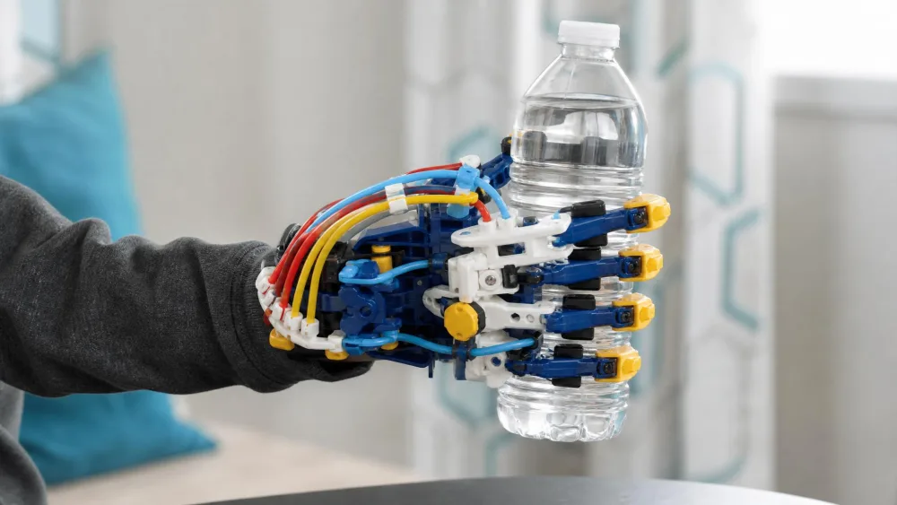 A child's hand inside the assembled Thames & Kosmos Mega Cyborg Hand gripping a water bottle, with color-coded hydraulic tubes running along the back of the mechanical hand.