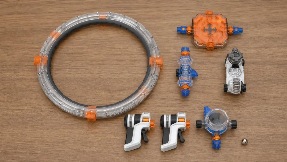 The Thames & Kosmos Orbital 3D Maze components on a wooden table, with the spherical base, three buildable modules, two handles with thumb wheels, a marble launcher, and a single metal marble.