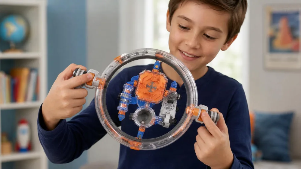 A child gripping the two handles of the assembled Thames & Kosmos Orbital 3D Maze, thumbs on the wheels, tilting the sphere to guide the metal marble through a module.