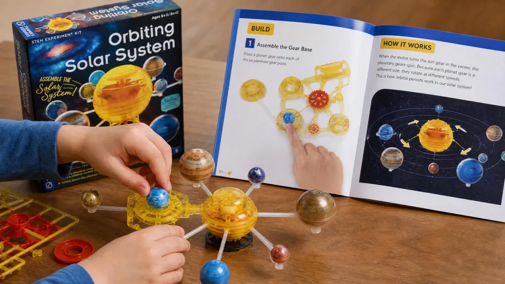 A child's hands pressing a small plastic planetary gear into the geared base of the Thames & Kosmos Orbiting Solar System, with the open illustrated instruction booklet propped beside the half-built model.