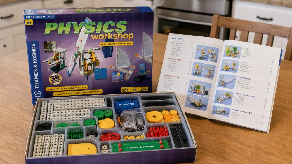 The opened Thames & Kosmos Physics Workshop box on a kitchen table, showing the tray of plastic building pieces, gears, pulleys and the small motor, with the full-color manual propped open beside it.