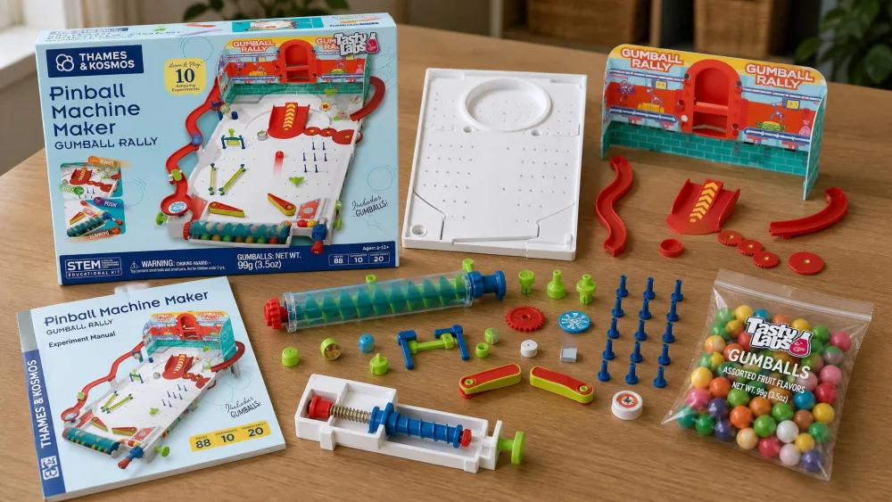 The Thames & Kosmos Pinball Machine Maker: Gumball Rally kit laid out on a table during unboxing, showing the spring launcher, plastic pegs and bumpers, the Archimedes-screw return tube, and a bag of edible gumballs beside the manual.